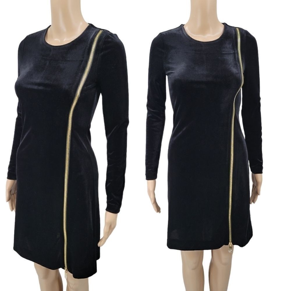 French Connection Black Long Sleeve Bodycon Velvet Gold Zipper Dress NEW